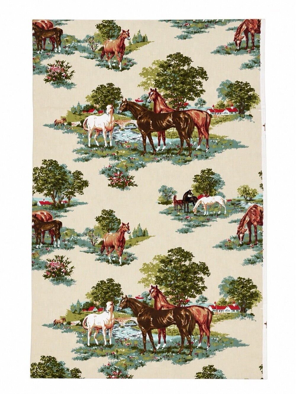 Horse Pastoral Print Fabric Piece – Equestrian Country Scene